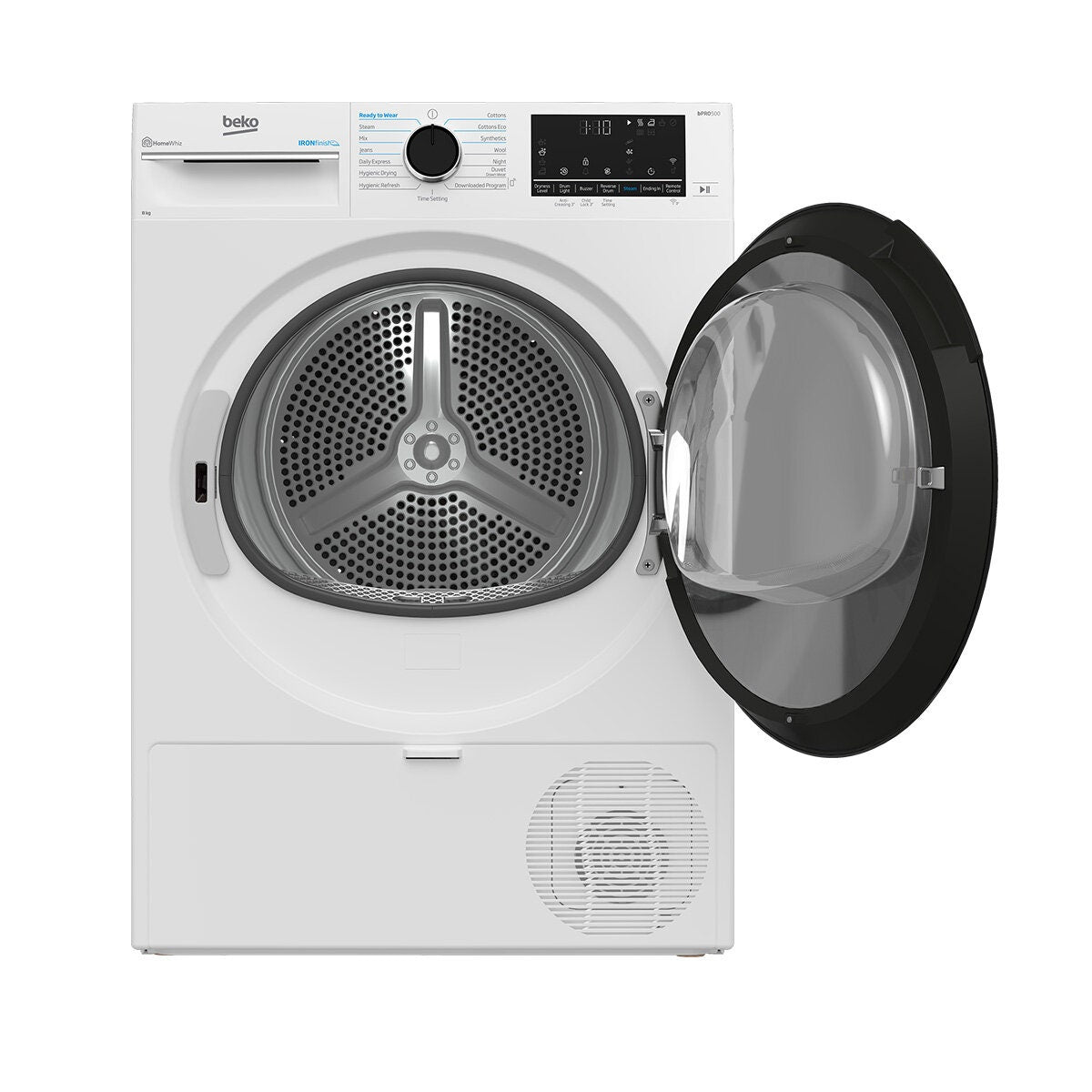 Beko 8kg heat pump dryer with steam and Wi-Fi - 9 star energy rating, reversible door - BDPB803SW