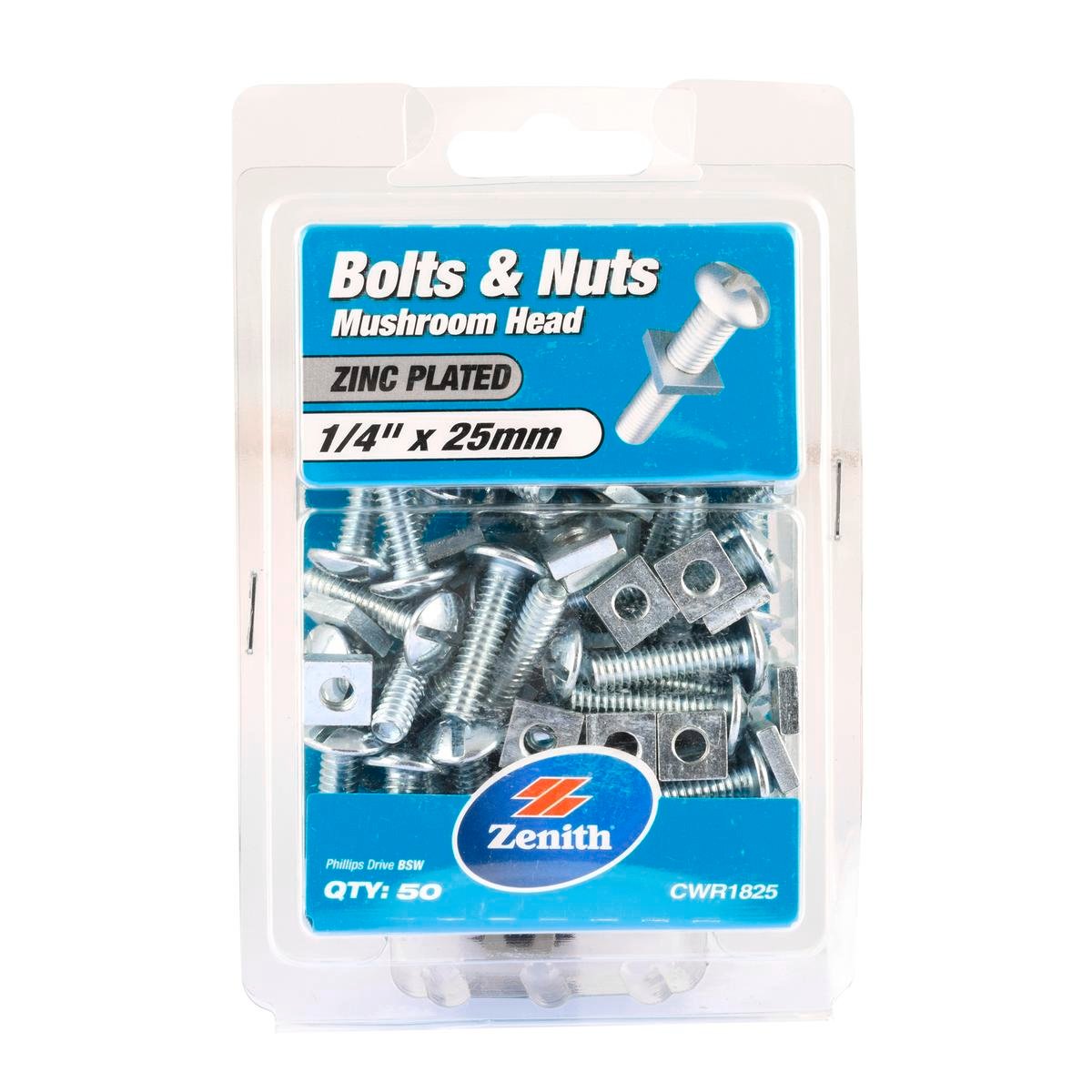 Zenith 1/4" x 25mm Zinc Plated Mushroom Head Bolts and Nuts - 50 Pack