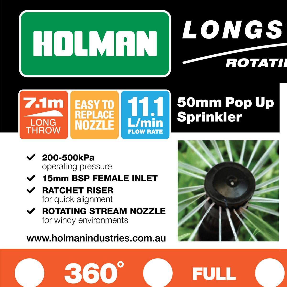 Holman 50mm Longstream Full Circle Rotating Pop Up Sprinkler - Black - SuperSaverAU - view 5