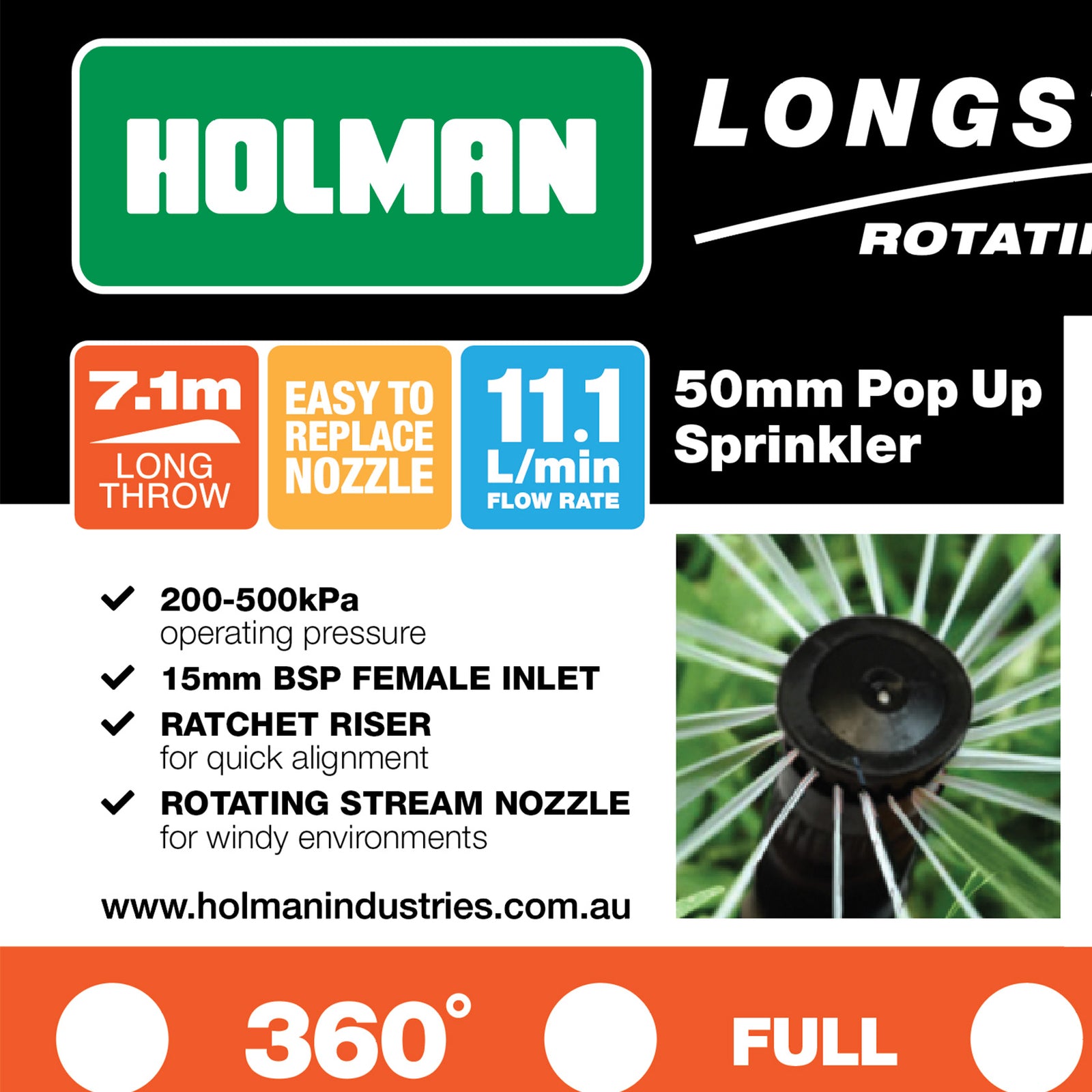 Holman 50mm Longstream Full Circle Rotating Pop Up Sprinkler - 15mm BSP, 800 kPa, Black