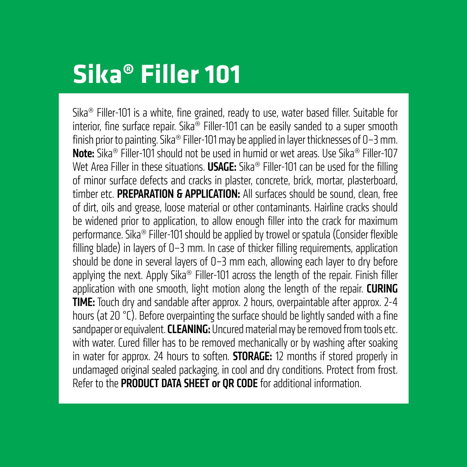 Sika Filler-101 Fine Surface Filler 250ml White Ready to Use Paintable Sandable