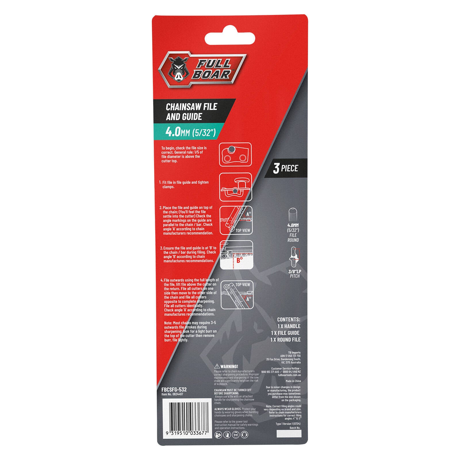 Full Boar 4.0mm (5/32") Round Chainsaw File & Guide - Tapered File, Guide & Handle