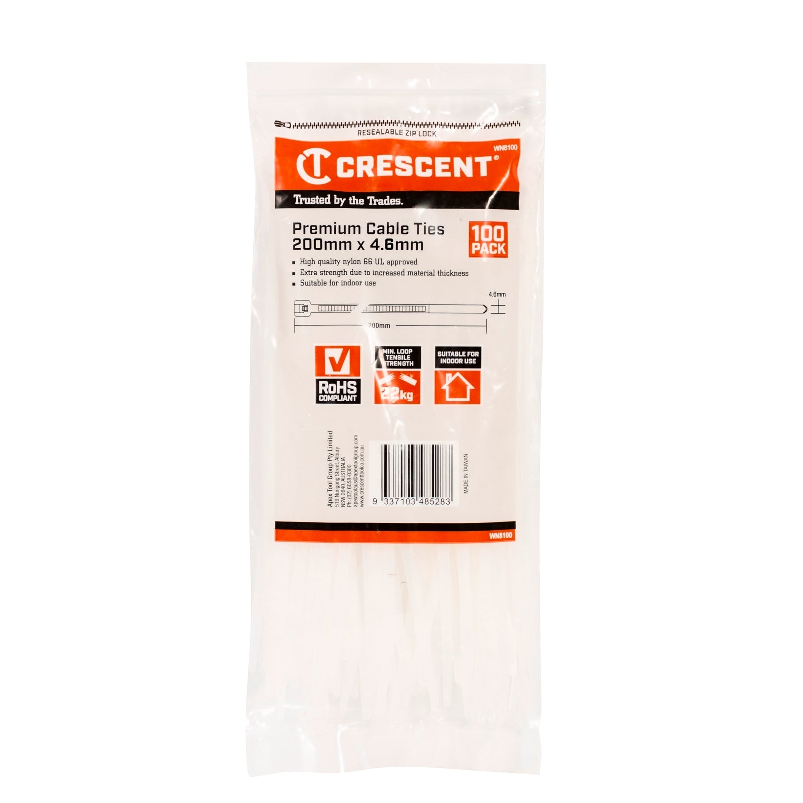 Crescent 200mm x 4.6mm Natural Nylon Cable Ties 100 Pack