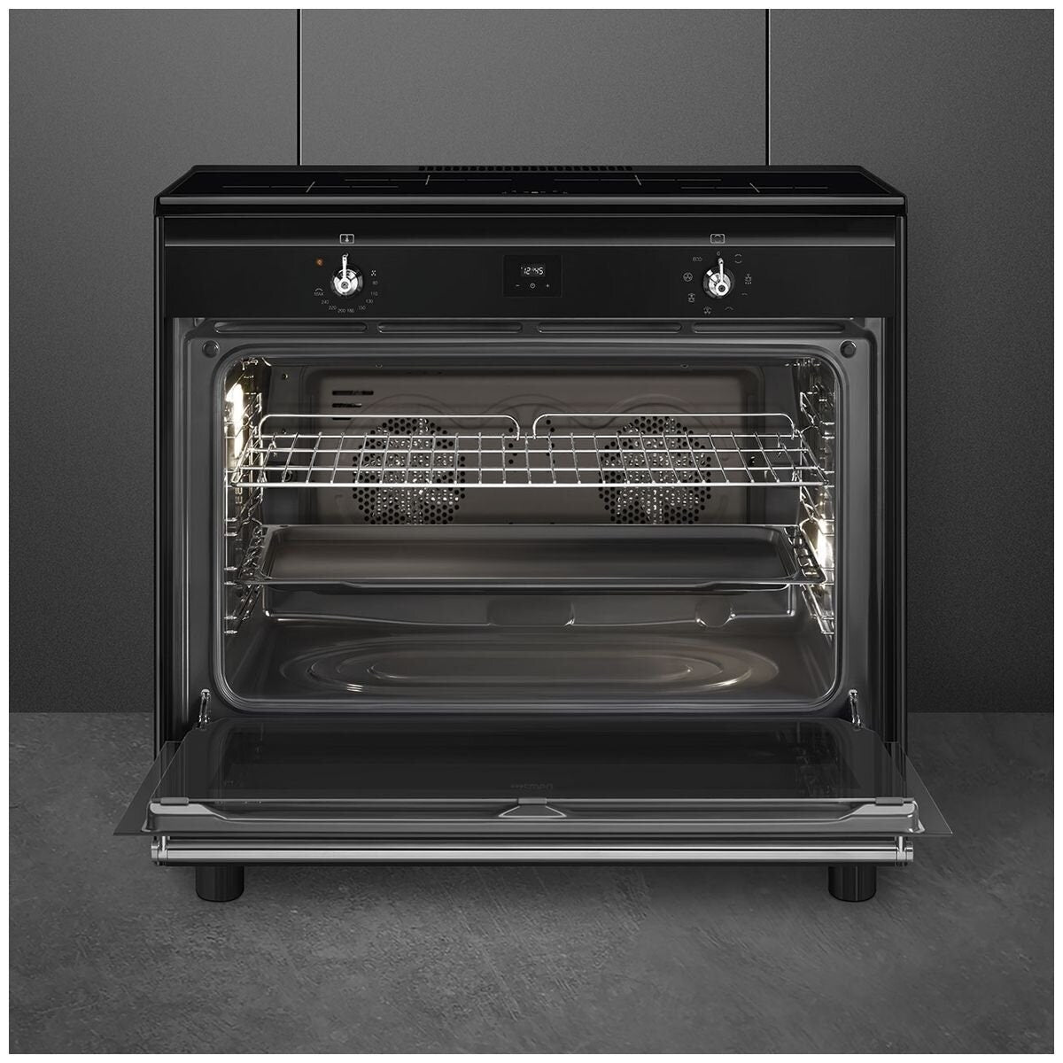 Smeg 90cm Freestanding Induction Oven - Black, Four Zone Cooktop, Vapour Clean - CX91IMBL