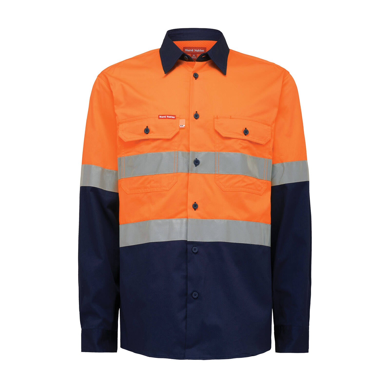 Hard Yakka Orange/Navy Hi Vis Taped Long Sleeve Cotton Shirt Size 2XL