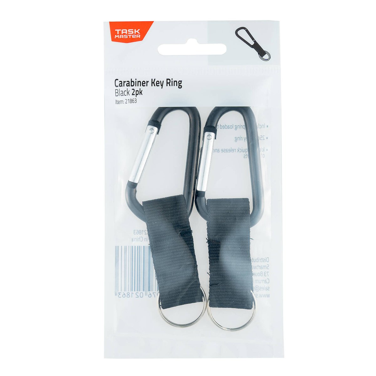 Taskmaster Black Carabiner Key Ring 2 Pack - 25mm - Black - Lightweight Design - SuperSaverAU - view 2