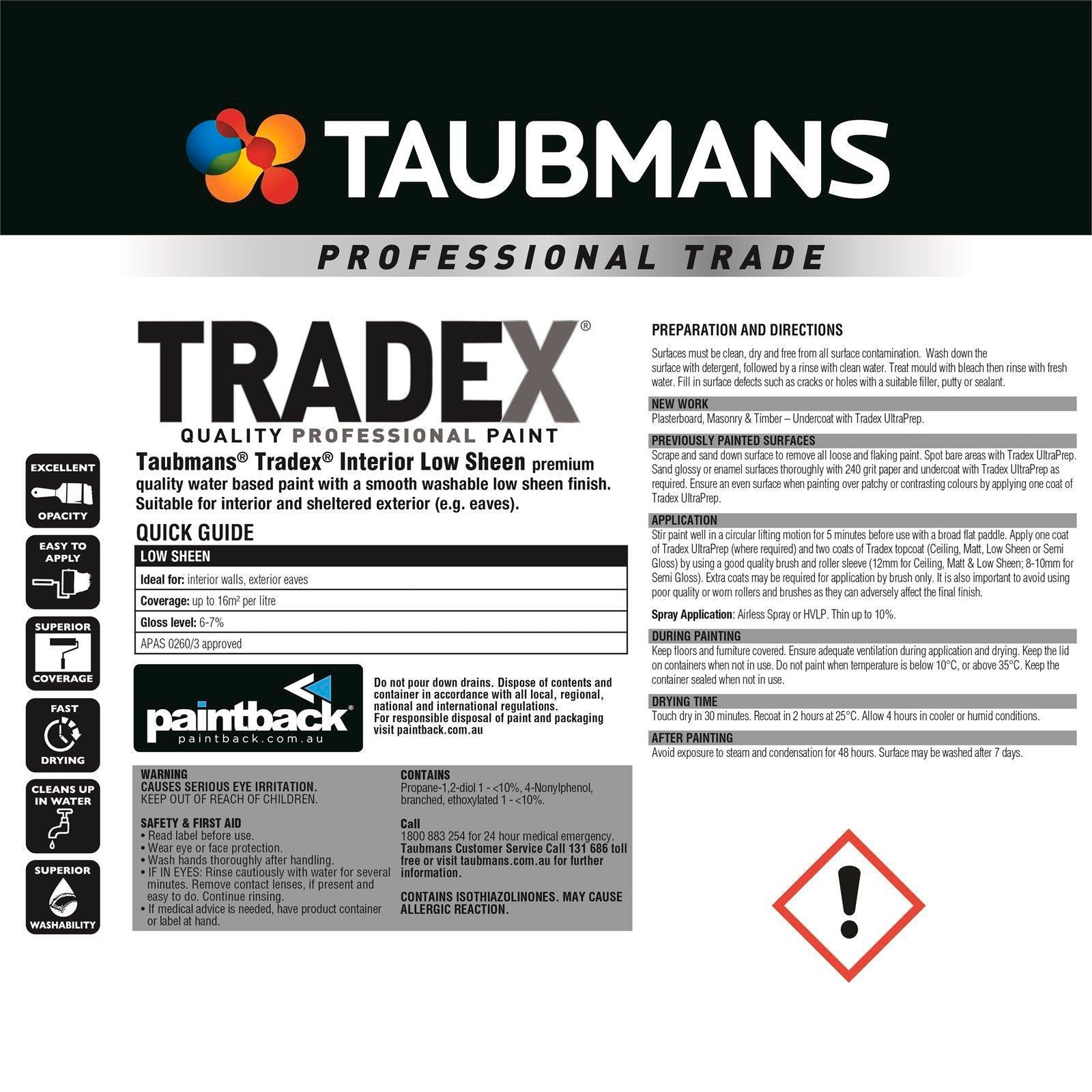 Taubmans Tradex Interior Wall Paint 4L White Low Sheen Water Based