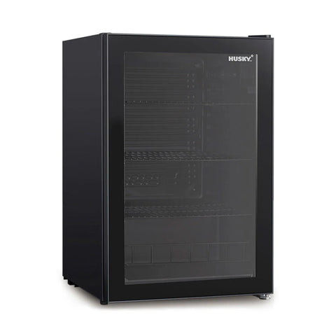 Husky 130L Glass Door Bar Fridge - Black, Double Glazed, LED Lighting, 2.5 Star Rating - HUS130CNBLK