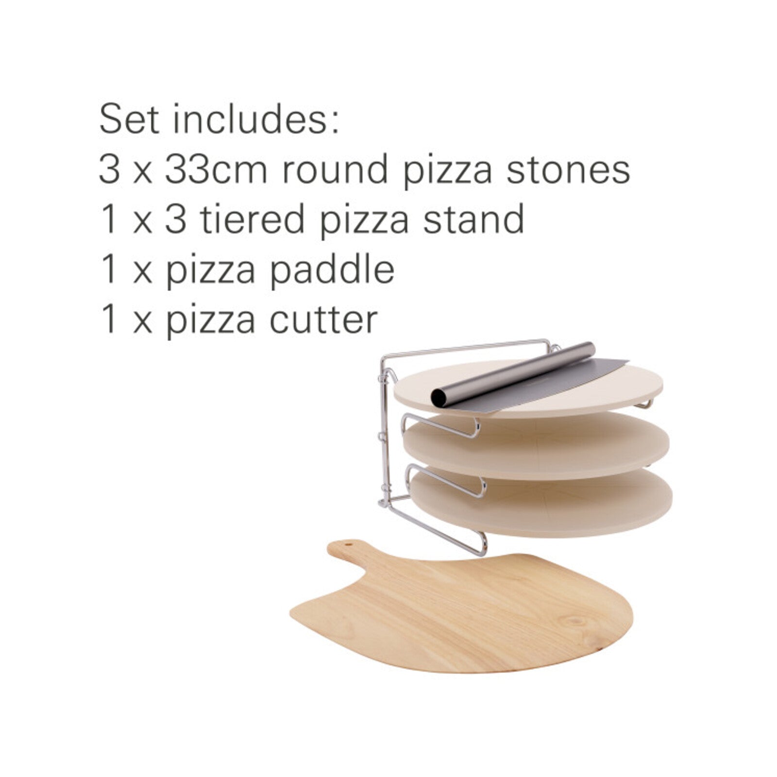 Matador 330mm Pizza Stone Stacker Set 3 Stones Cutter Peel and Folding Stand