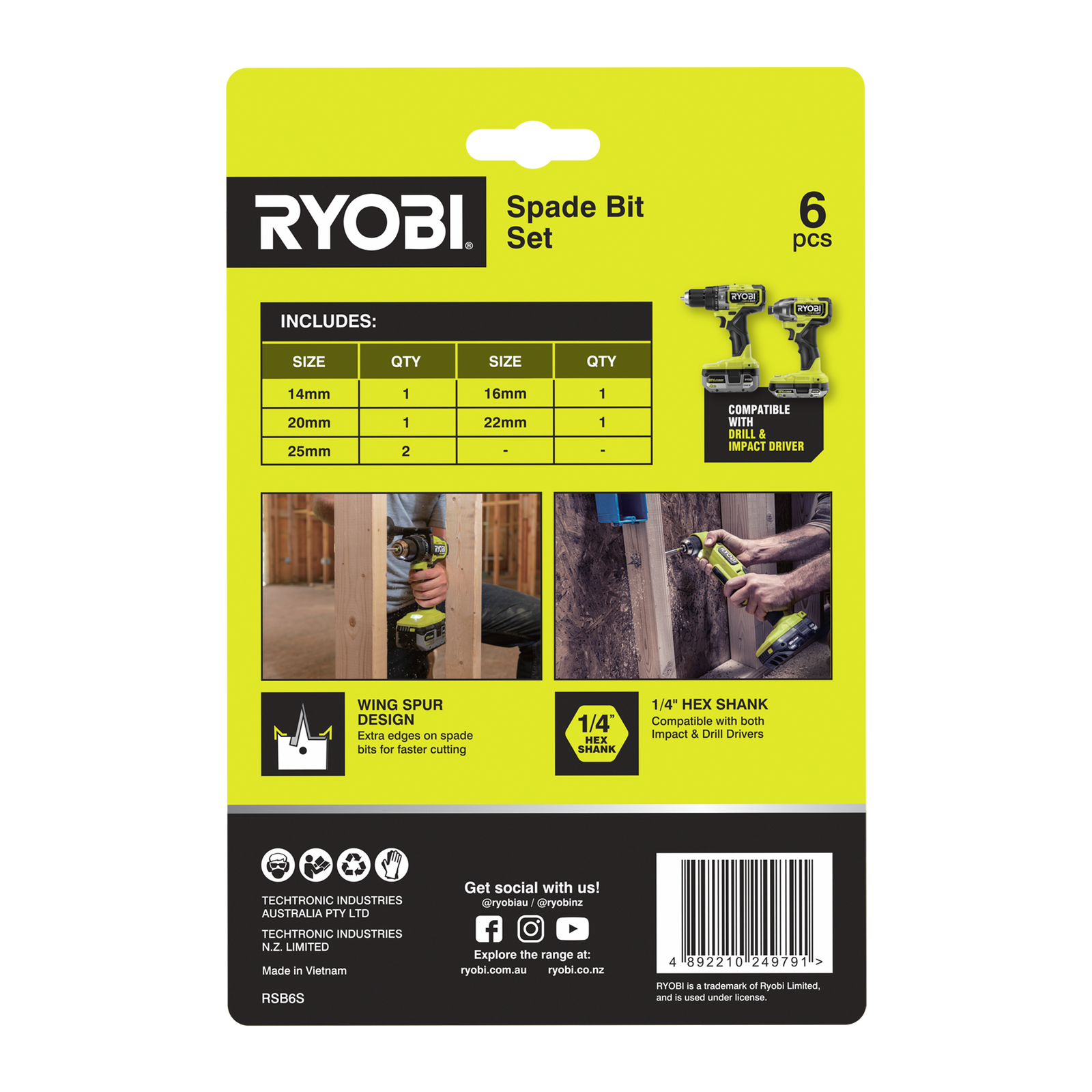 Ryobi 6 Piece Spade Bit Set - Wing Spur for Fast Timber Holes
