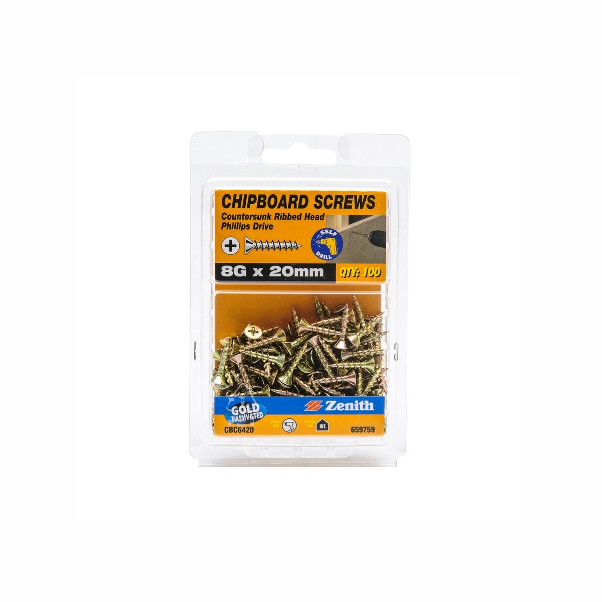 Zenith 8G x 20mm Gold Countersunk Rib Head Chipboard Screws - 100 Pack