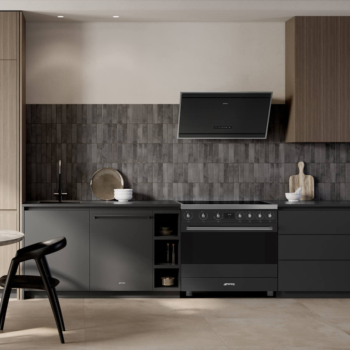 Smeg 90cm Angled Wall Mount Rangehood - Matte Black, 729m³/h, Autovent 2.0, Touch Controls - KV394MB