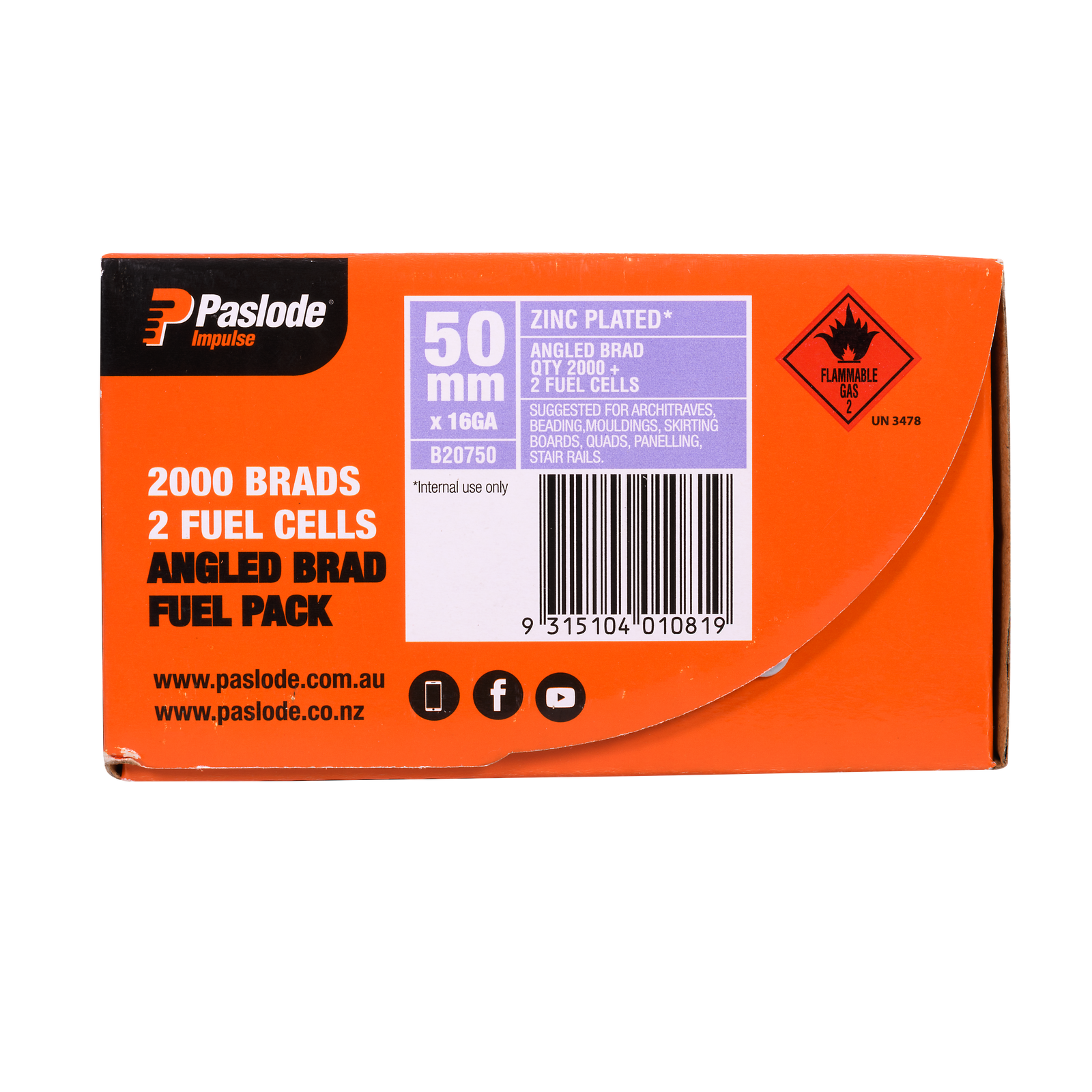 Paslode 50 x 1.6mm 16 Gauge 20 Degree Zinc Plated Angled Brad Nails with Fuel - 2000 Pack