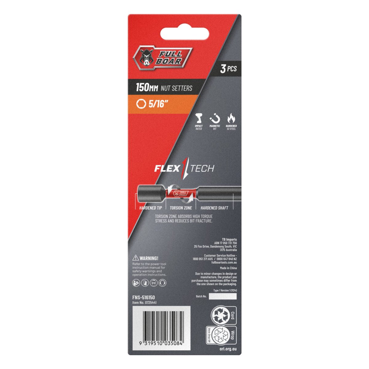 Full Boar 5/16" x 150mm S2 Steel Magnetic Impact Nut Setters 3 Pack