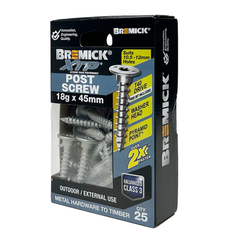 Bremick XTP 18g x 45mm Galvanised Washer Head T40 Post Screw 25 Pack