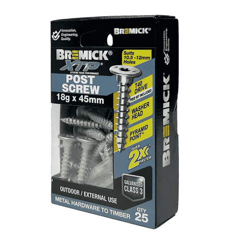 Bremick XTP 18g x 45mm Galvanised Washer Head T40 Post Screw 25 Pack
