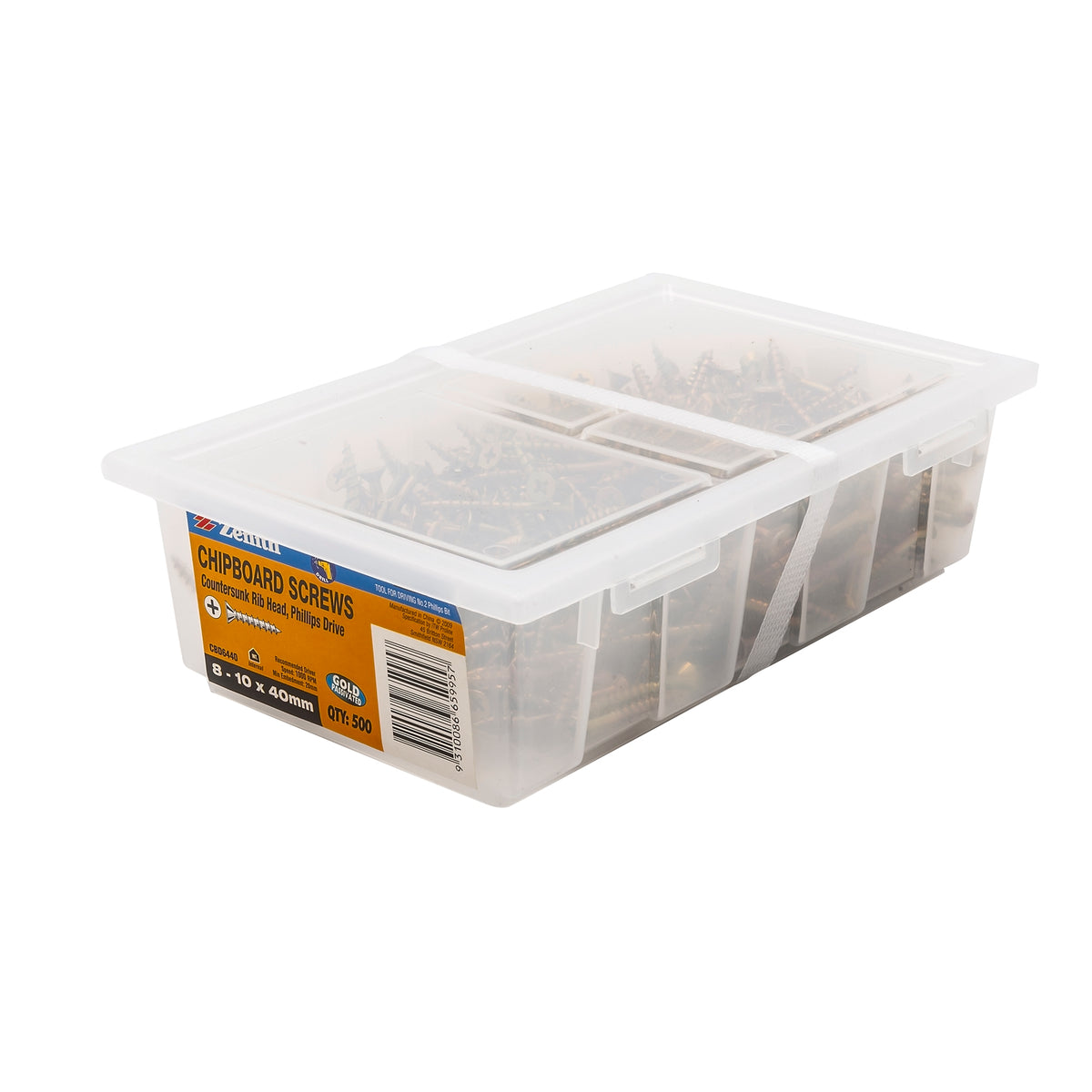 Zenith 8-10 x 40mm Gold Passivated Countersunk Rib Head Chipboard Screws - 500 Pack