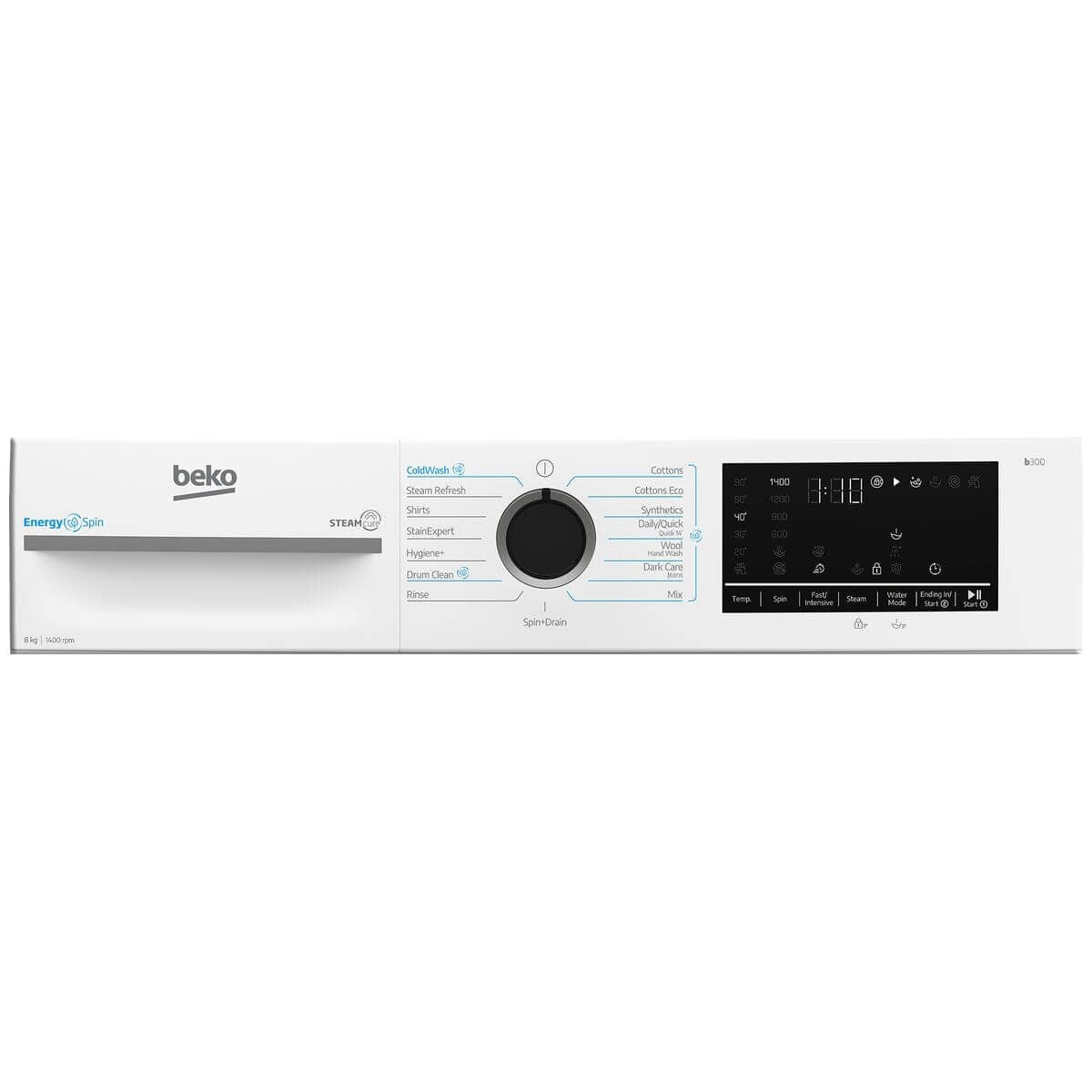 Beko 8kg Front Load Washing Machine - White, SteamCure Hygiene+, EnergySpin, ColdWash, Drum Clean - BFLB8010W