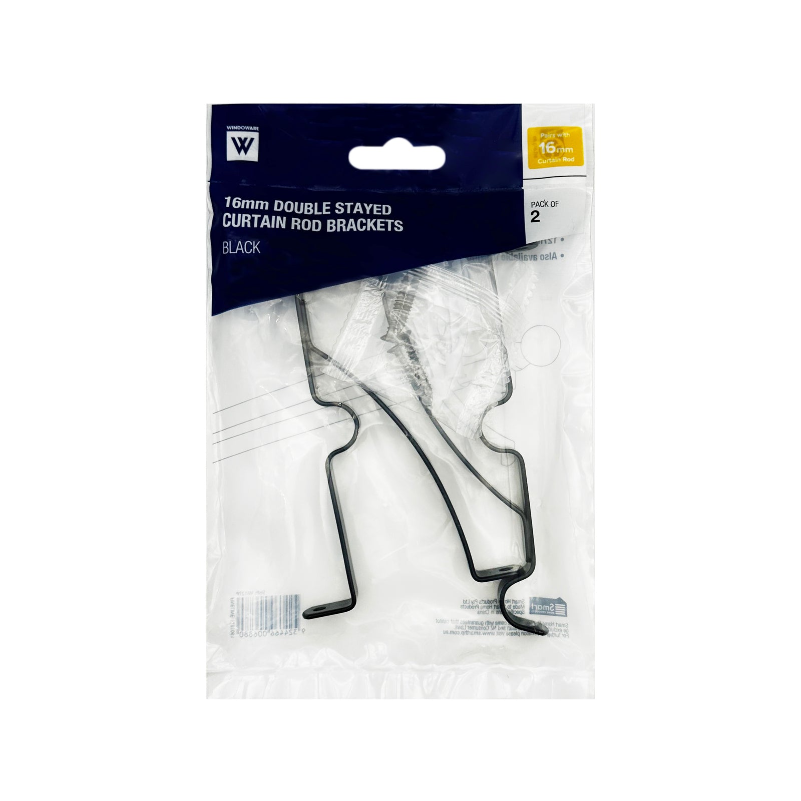 Windoware 127mm Black Double Metal Curtain Rod Brackets - 2 Pack