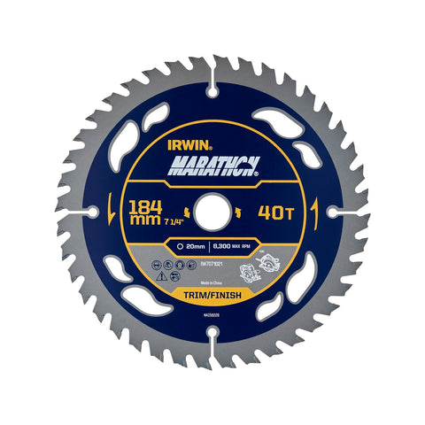 IRWIN 184mm 40T Marathon Circular Saw Blade - 20mm Arbor, 16mm Bush