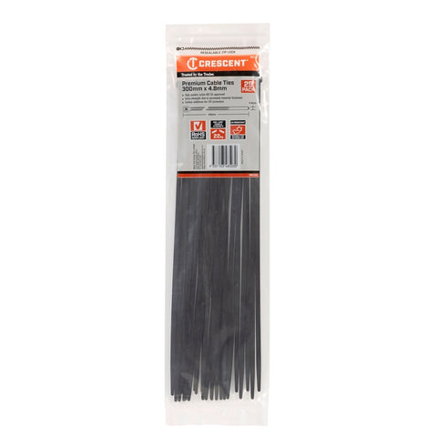 Crescent Cable Ties - 300mm x 4.8mm - Black - 25 Pack - Nylon - UV Resistant - SuperSaverAU - view 1
