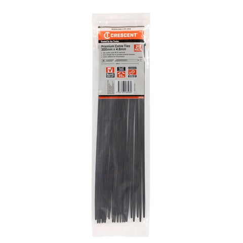 Crescent 300 x 4.8mm Black Nylon Cable Ties UV Resistant - 25 Pack