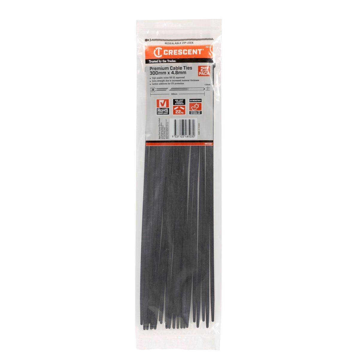 Crescent 300 x 4.8mm Black Nylon Cable Ties UV Resistant - 25 Pack