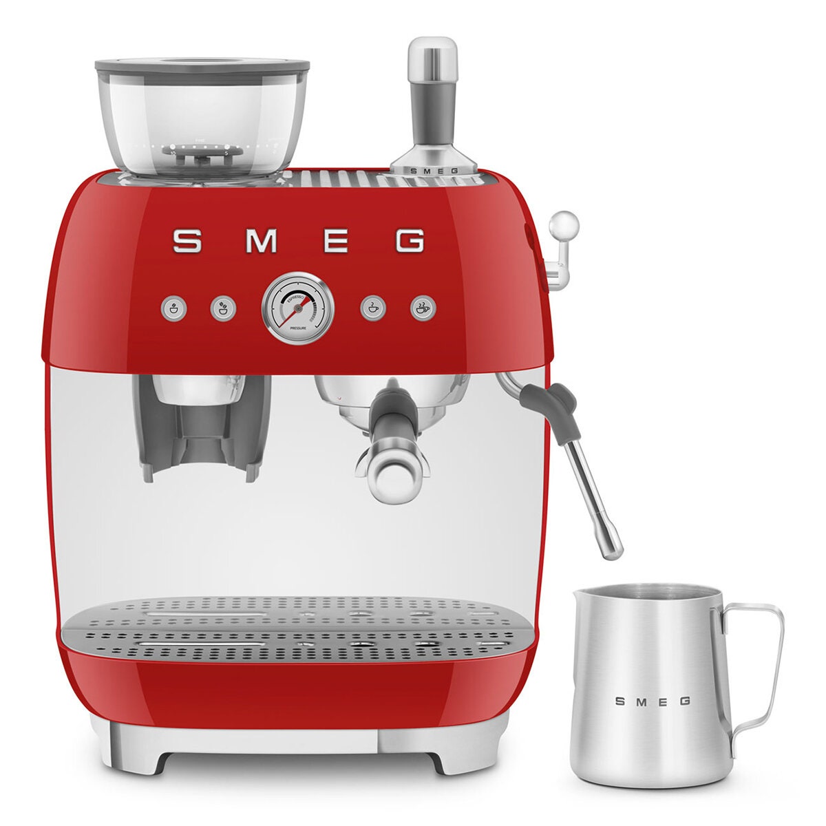 Smeg 50s Style Espresso Machine with Built-in Grinder - 20 Bar, Dual Thermoblock, Red - EGF03RDAU