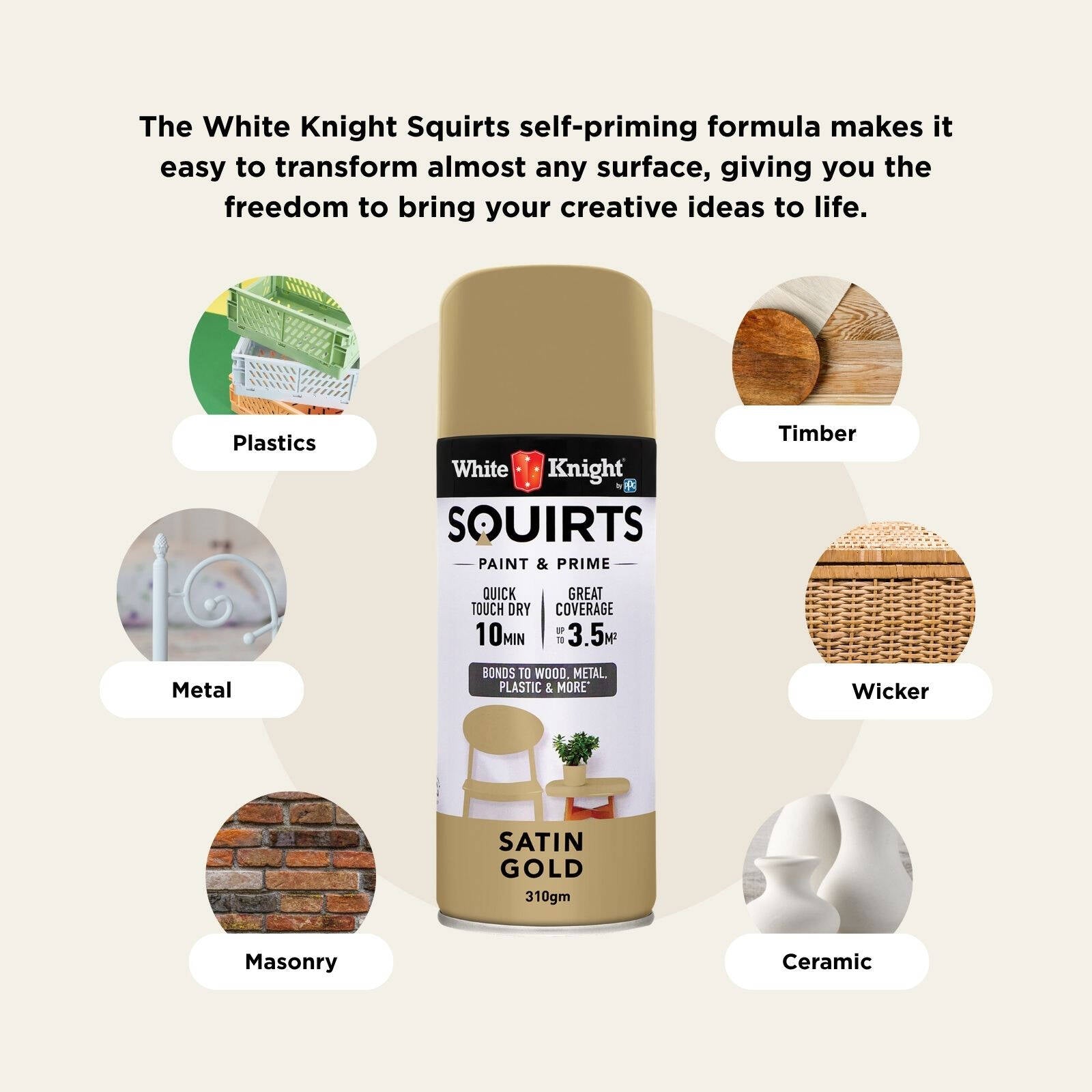 White Knight Squirts Gold Satin Spray Paint 310g - Solvent-Based Paint & Primer, UV Resistant