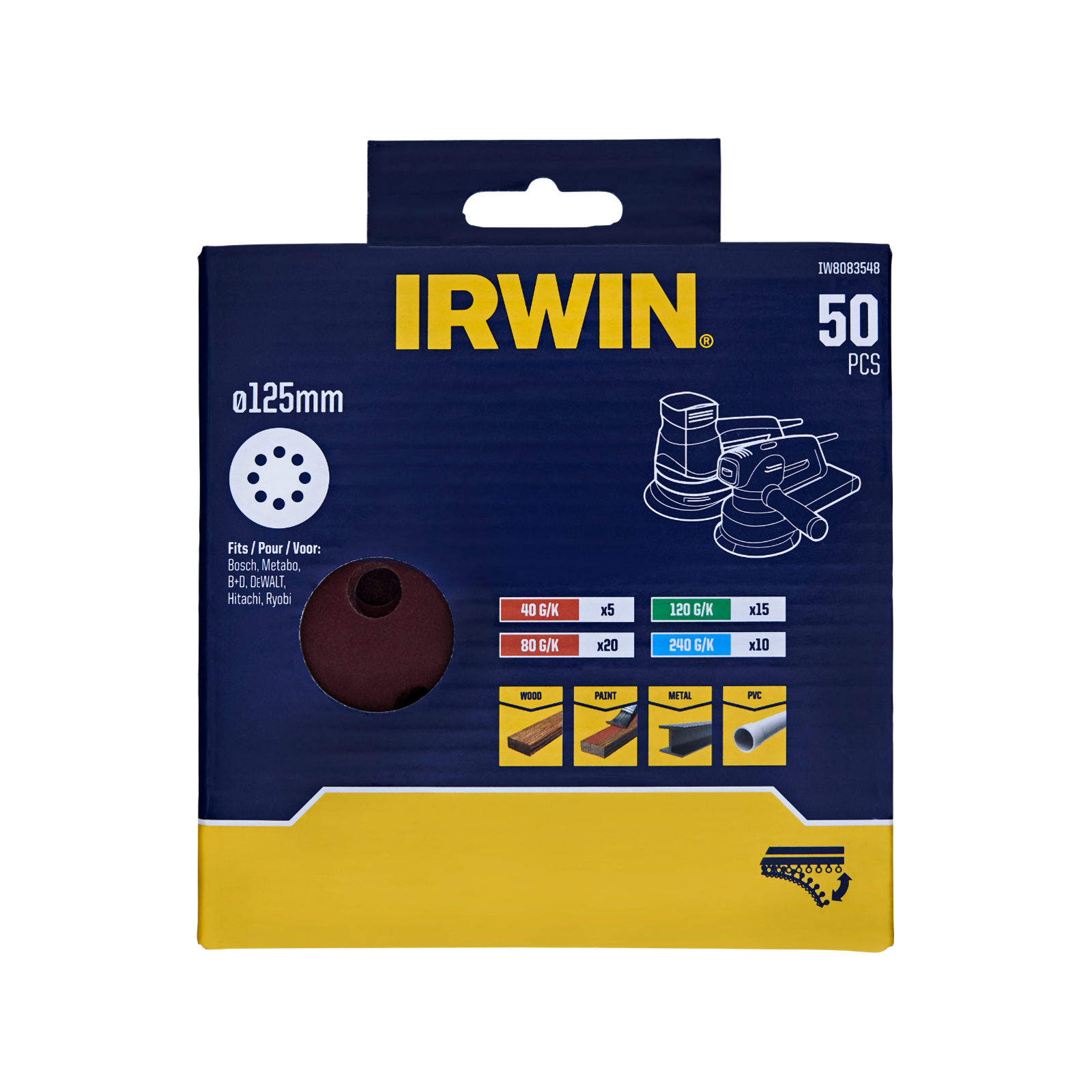 Irwin 125mm Mixed Grit 8-Hole Quick Fit Random Orbital Sanding Discs - 50 Pack