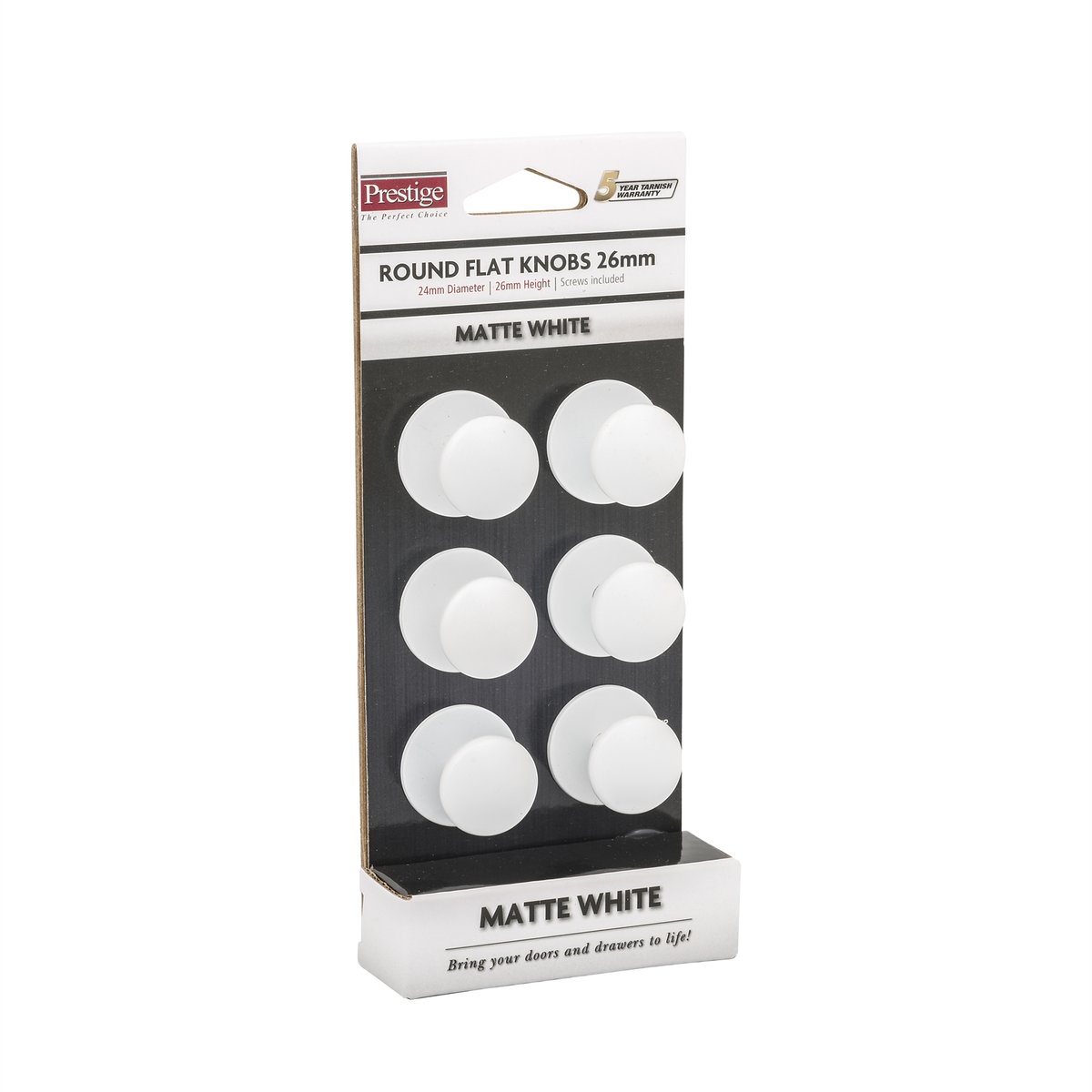 Prestige 26mm Matte White Flat Knob Zinc Alloy - 6 Pack