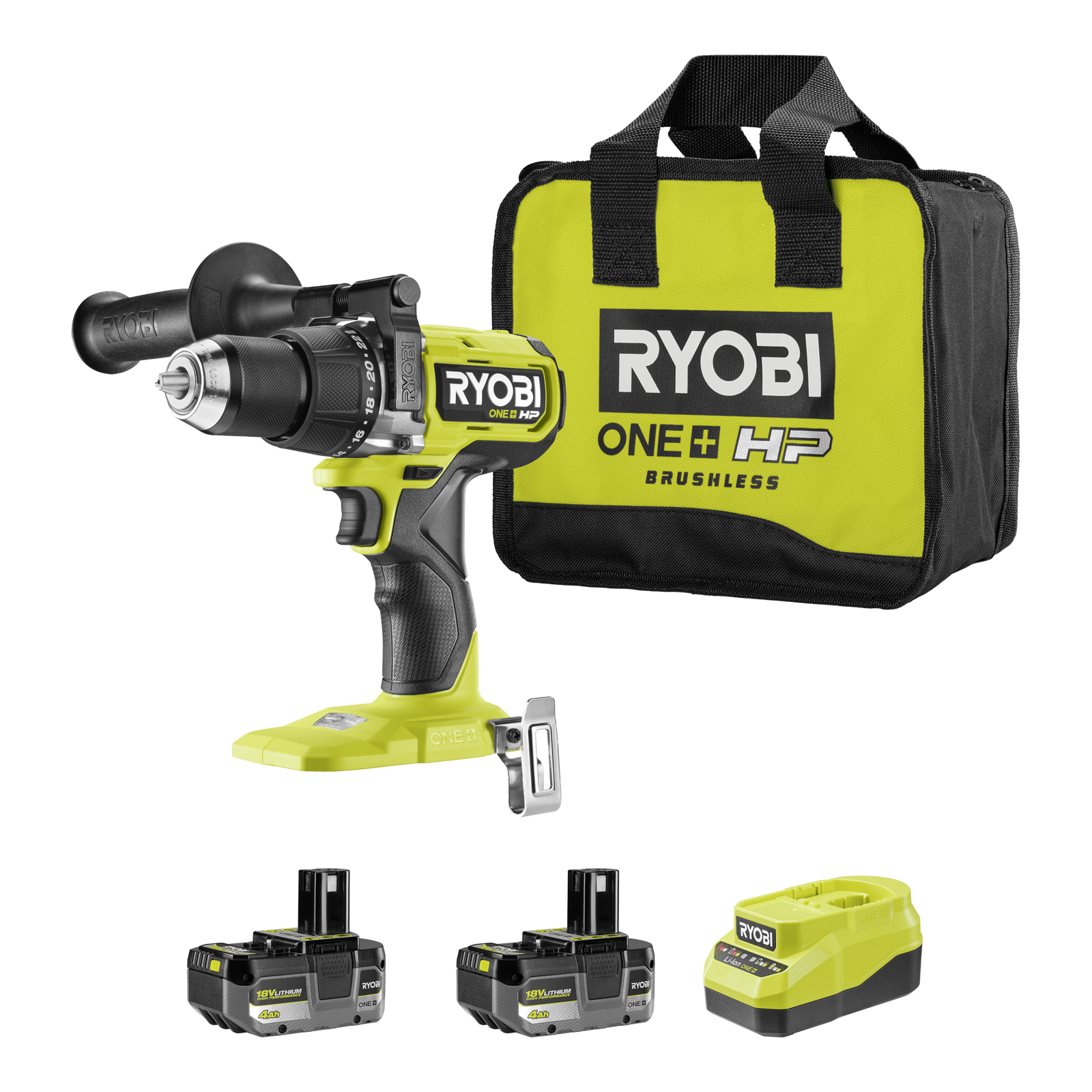 Ryobi 18V ONE+ HP Brushless High Torque Hammer Drill Kit R18XPD242B, 2 x 4Ah