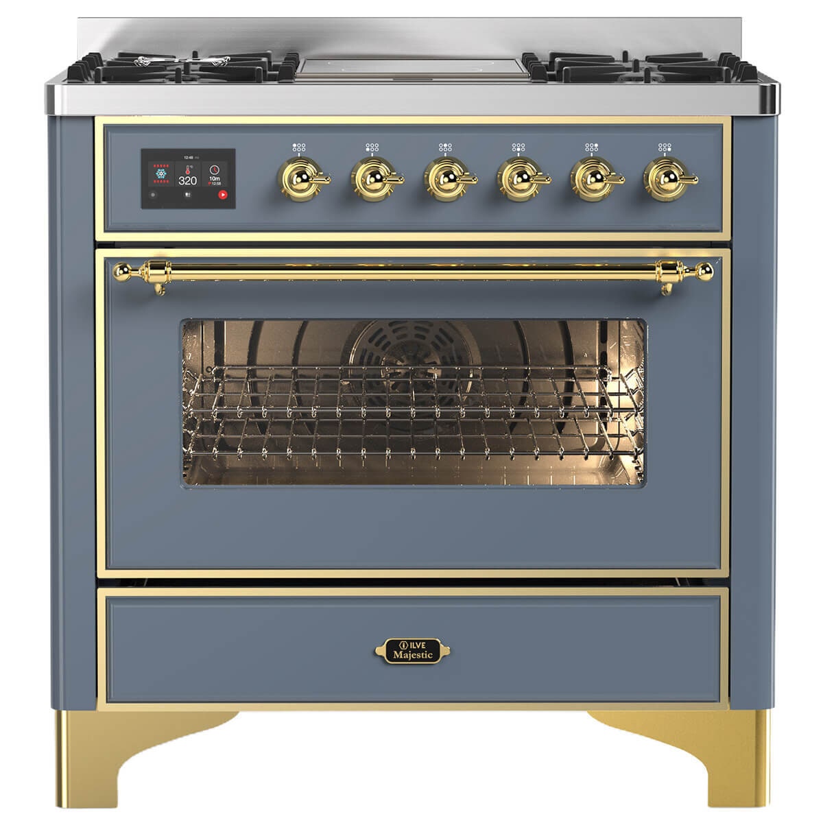 ILVE Majestic 90cm Freestanding Dual Fuel Oven - Touch Display, 16 Functions, Blue Grey Brass - M09IDNE3-BGG