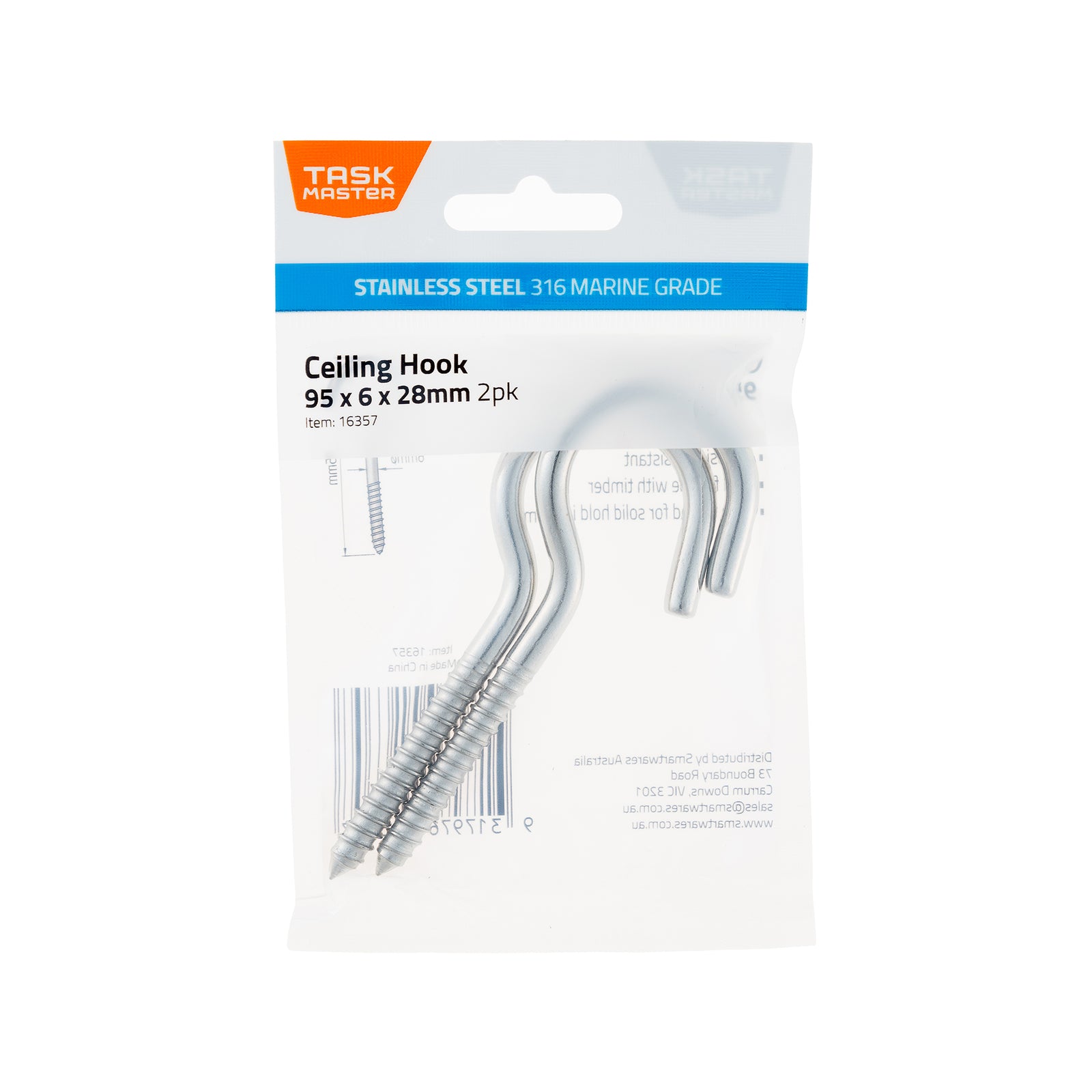 Taskmaster 95 x 6 x 28mm 316 Stainless Steel Ceiling Hook - 2 Pack