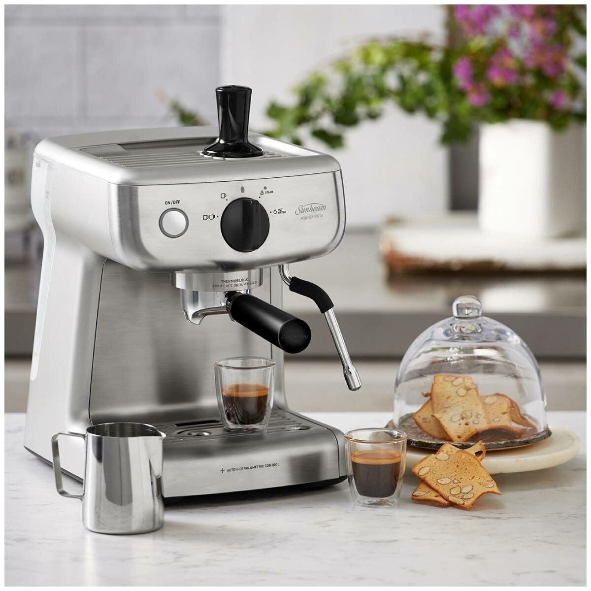 Sunbeam Mini Barista Espresso Coffee Machine - 15 Bar, 58mm Group Head, Steam Wand, Silver - EM4300S