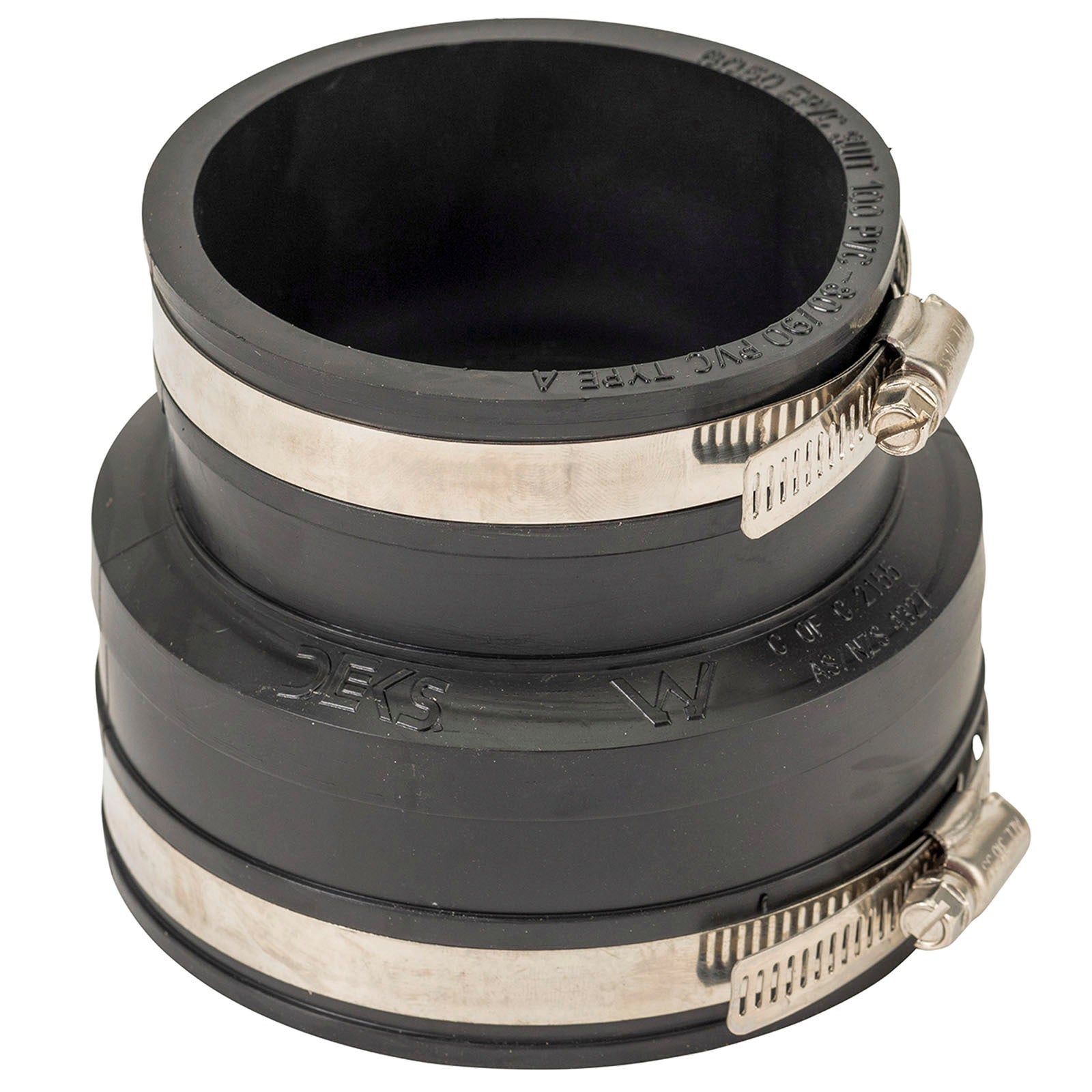 Deks Industries 100mm to 80/90mm PVC Reducing Rubber Jenco Joiner - EPDM & Stainless Steel, Underground Rated, Black