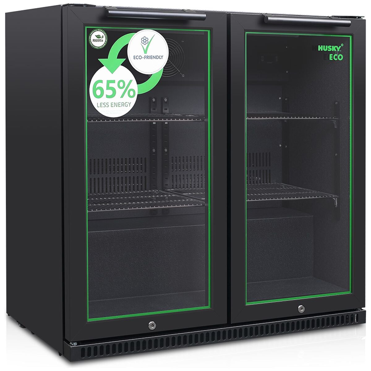 Husky 173L Eco Double Door Back Bar Drinks Chiller - Black, Electronic Controls, LED Lighting - C2HECO840BKAU
