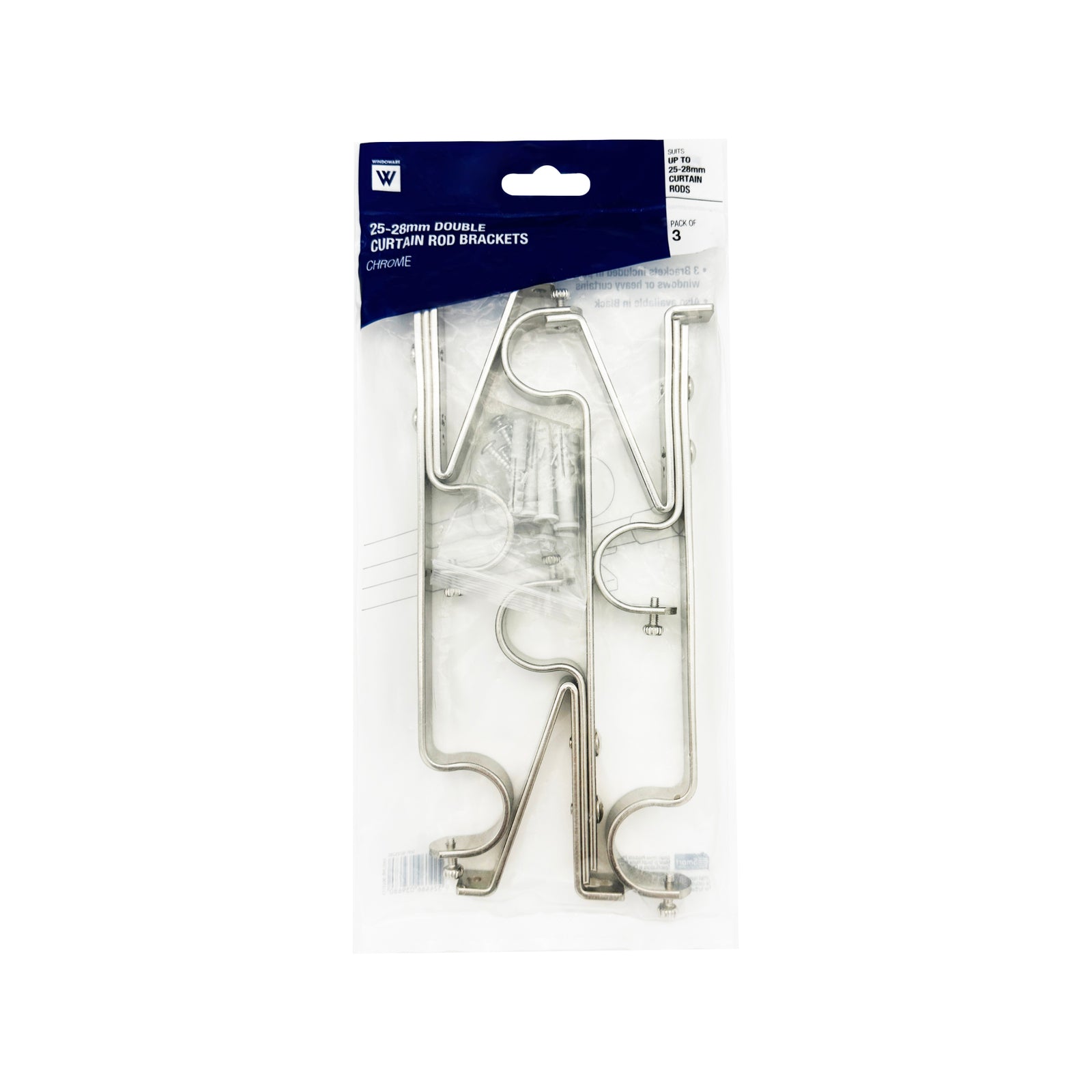 Windoware 25mm Satin Double Curtain Rod Bracket 3 Pack Metal