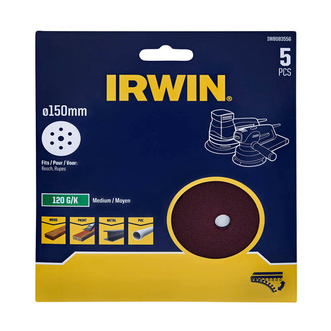 Irwin 150mm 120 Grit 6+1-Hole Quick Fit Orbital Sanding Discs - 5 Pack
