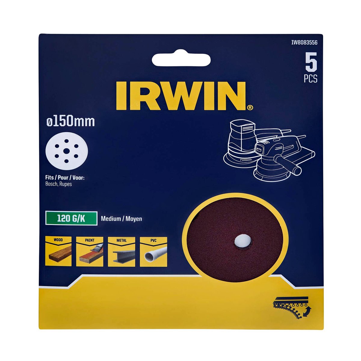 Irwin 150mm 120 Grit 6+1-Hole Quick Fit Orbital Sanding Discs - 5 Pack