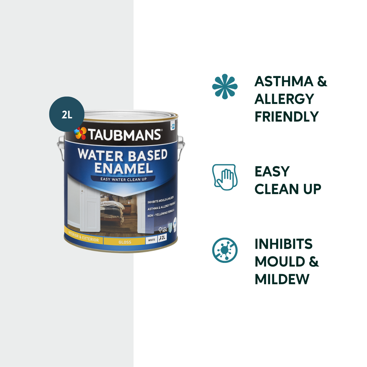 Taubmans 2L White Gloss Water Based Enamel Paint - Durable Finish - Low Odour - SuperSaverAU - view 2