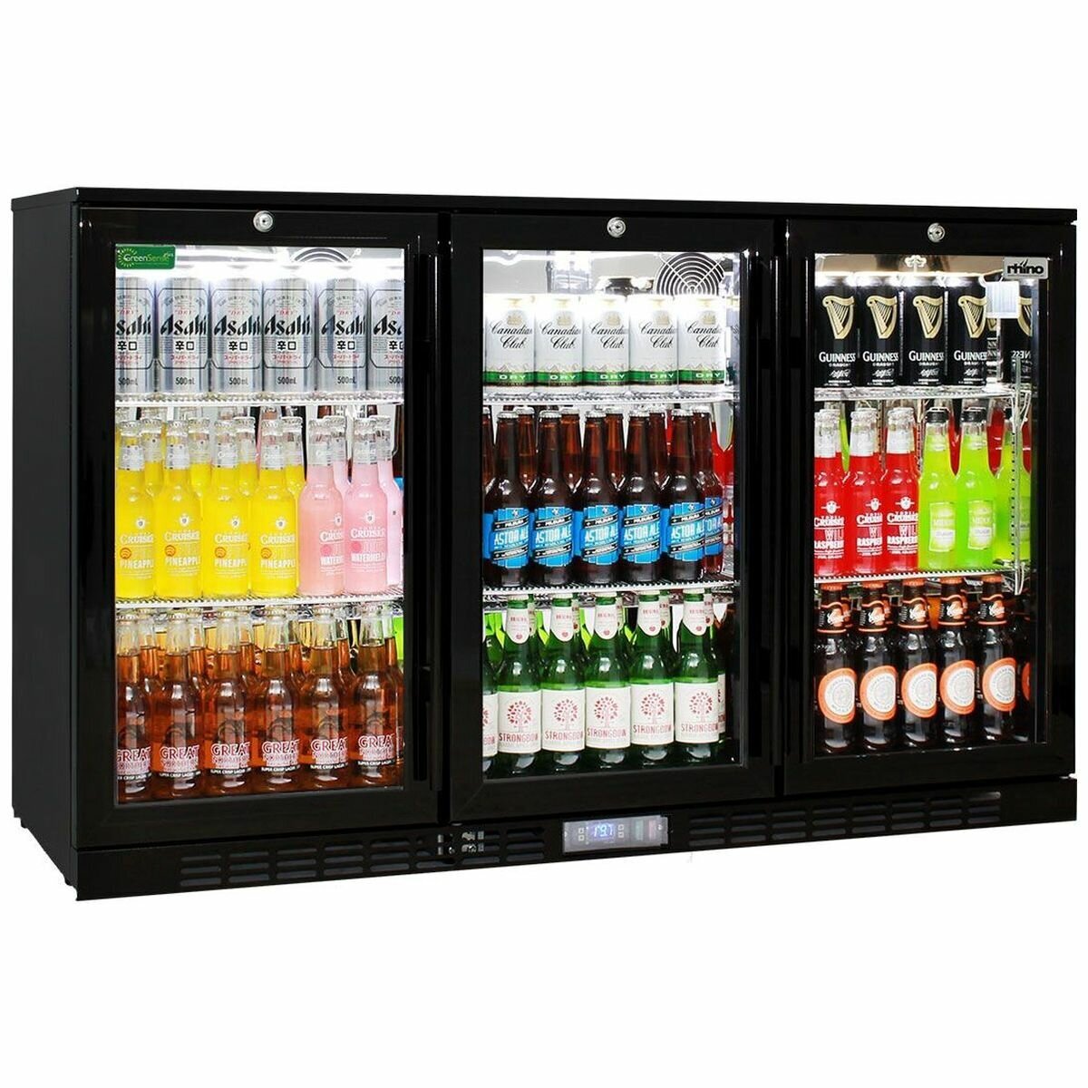 Rhino 330L Three Door Under Bench Beverage Centre - Black, Outdoor Suitable, 350 Can Capacity - SG3H-B-HD