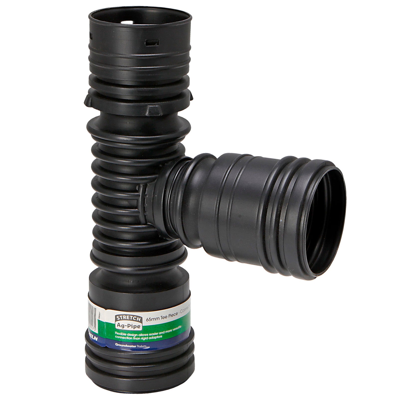 Reln Stretch Ag-Pipe 65mm T-Piece, Black Push-to-Connect Plastic Fitting