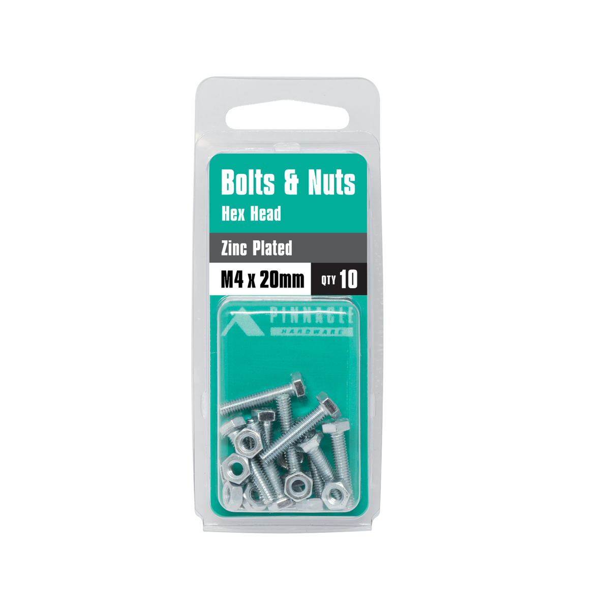 Pinnacle M4 x 20mm Zinc Plated Hex Head Bolts and Nuts - 10 Pack