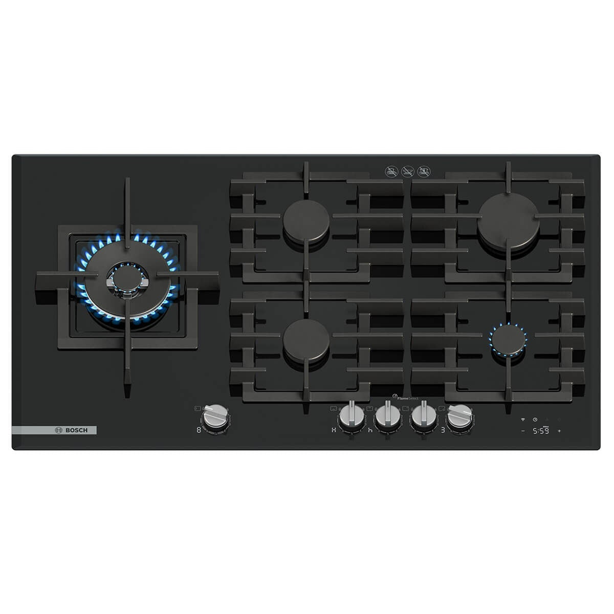 Bosch 90cm Series 8 Natural Gas Cooktop - Black Tempered Glass, FlameSelect, Home Connect - PRS9A6H40A