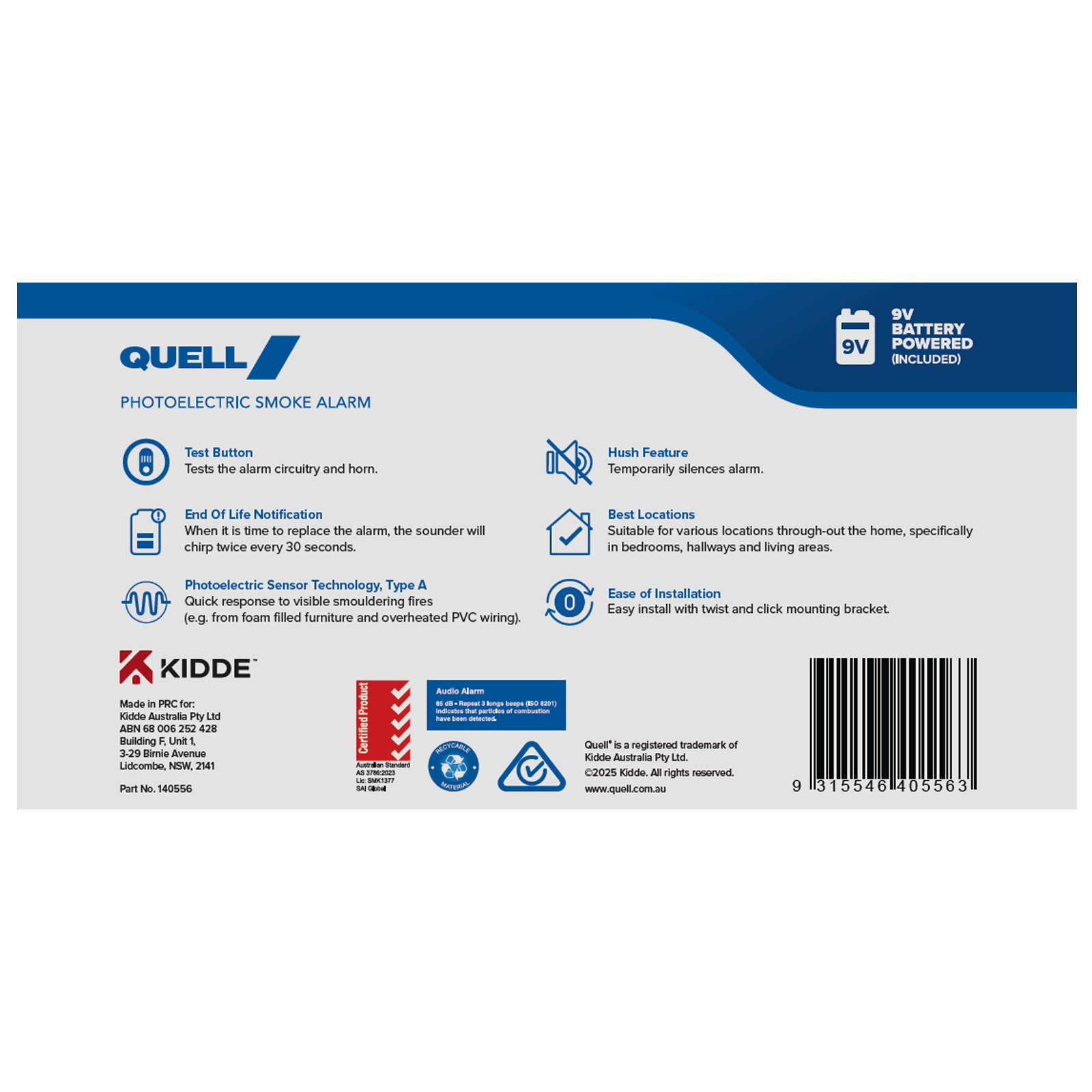 Quell 9V Q501 Photoelectric Smoke Alarm 4 Pack