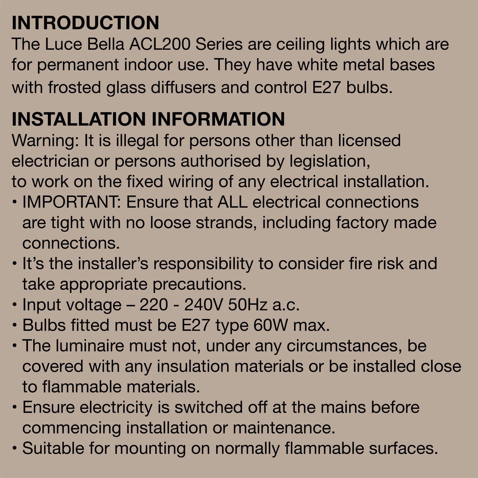 Luce Bella Frosted Glass Ceiling Light, 40cm, Twin E27 60W, Hardwired Indoor ACL207