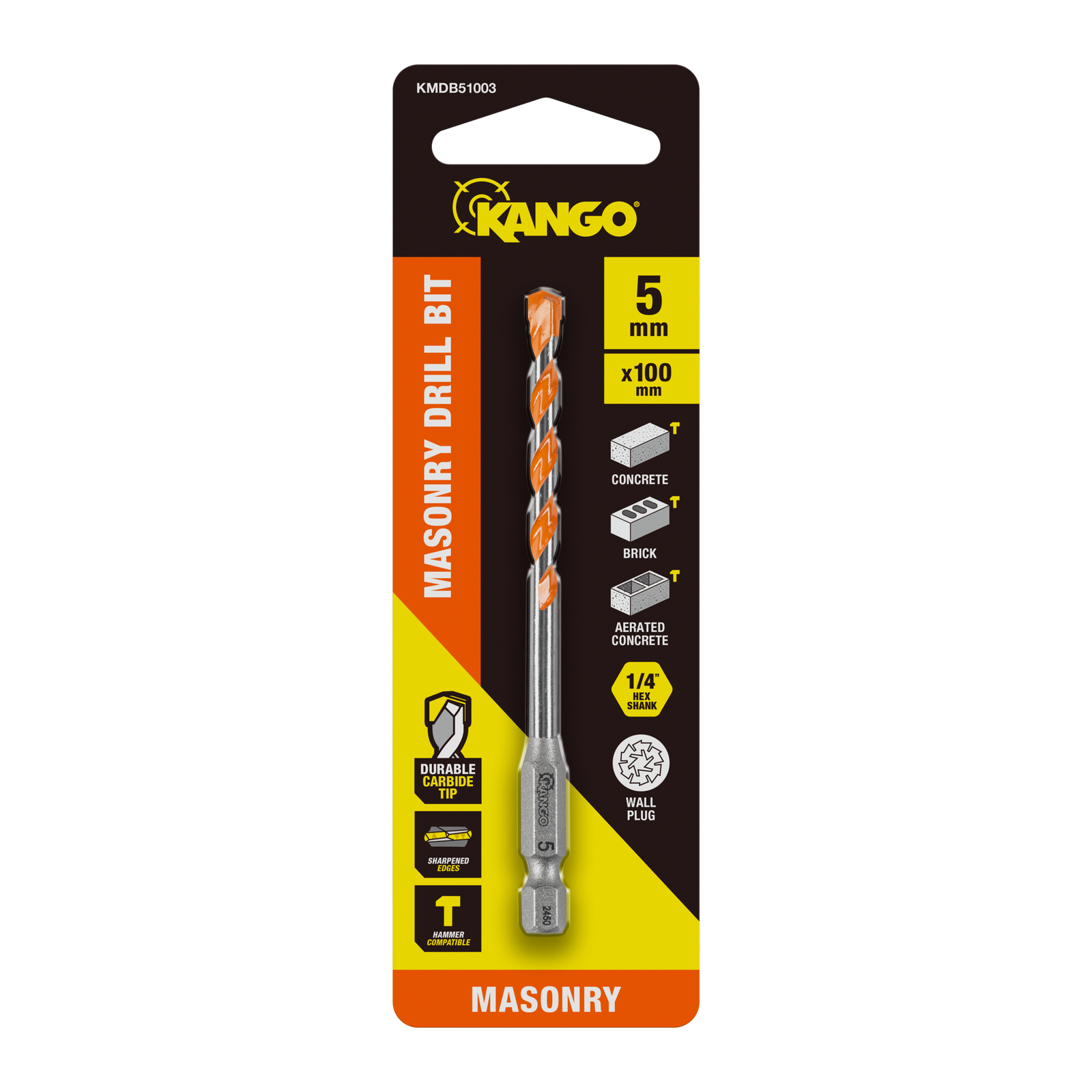 Kango 5 x 100mm 1/4" Hex Shank Masonry Drill Bit - Carbide Tip