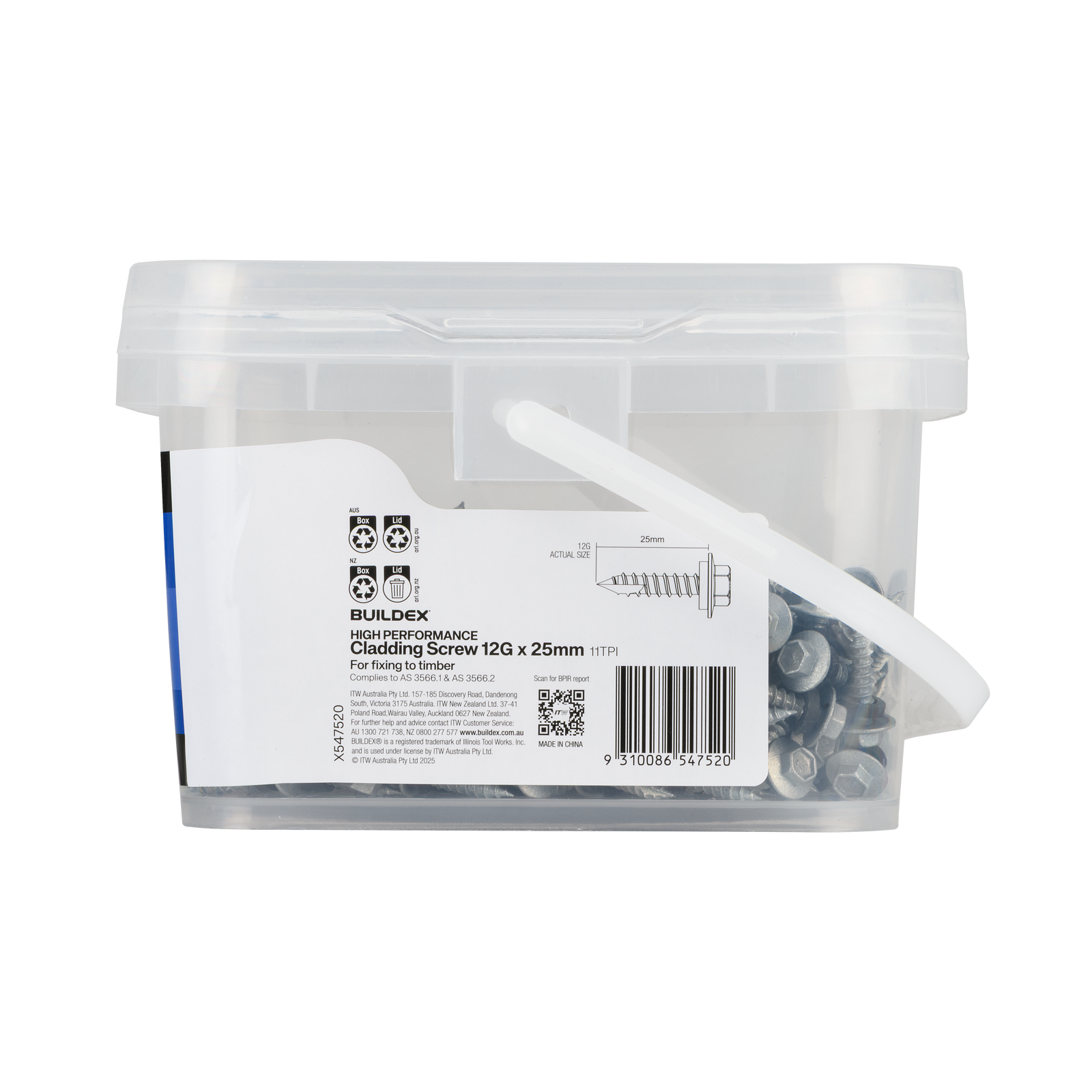 Buildex 12G x 25mm Class 3 Cladding Screws with Seal, Type 17 Hex Head - 500 Pack