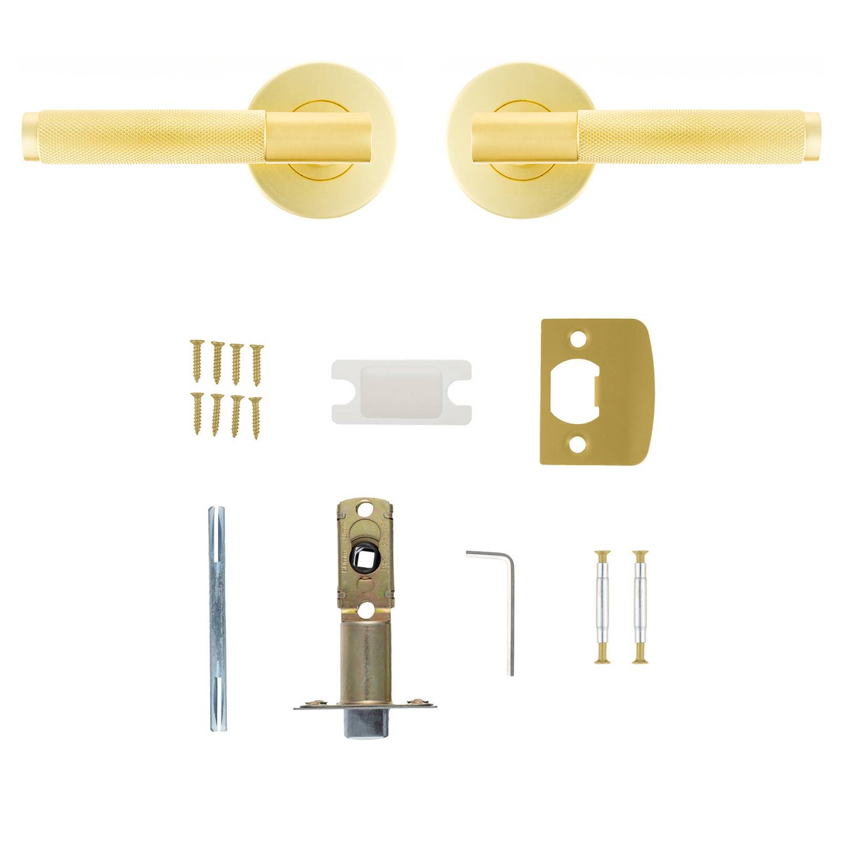 Ikonic Knurled Passage Lever Set Brushed Brass, Zinc Construction, for Hallway & Living Area Doors